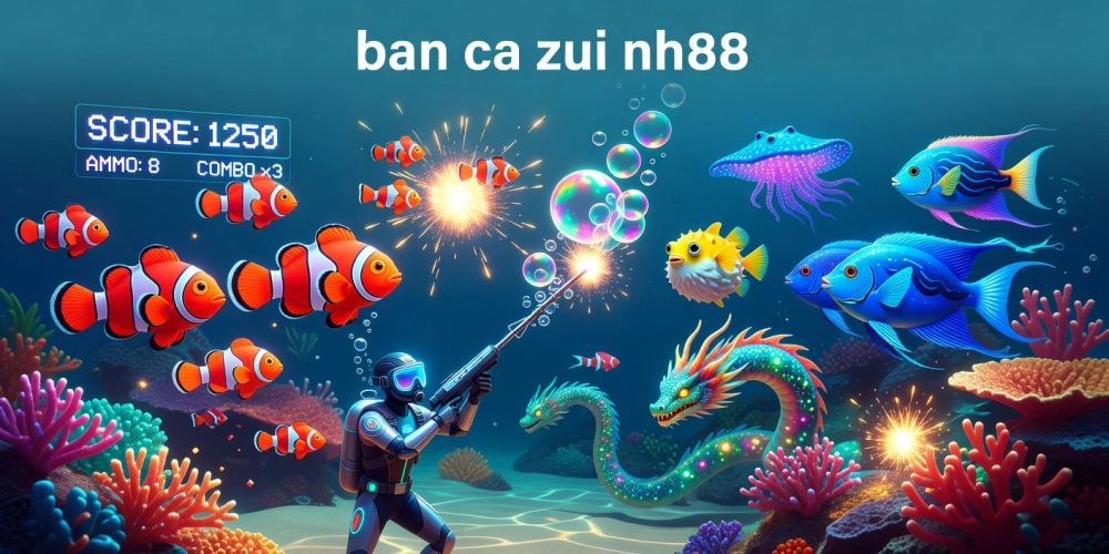 Hình minh họa giao diện trò chơi bắn cá zui nh88 với cá sặc sỡ và hiệu ứng sống động
