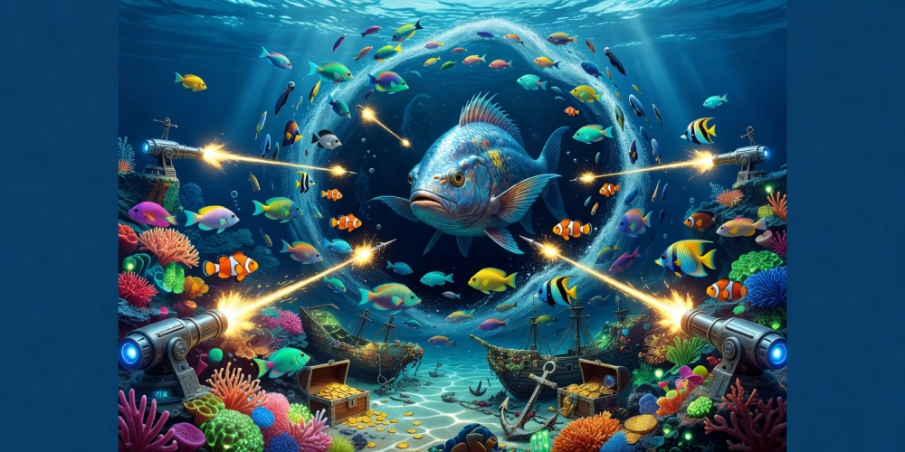 Hình ảnh đại dương sống động trong game bắn cá online nh88 với boss cá khổng lồ.