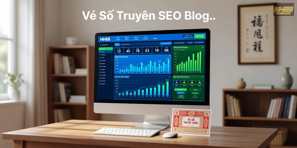 Minh họa khái niệm kết quả xổ số nh88 với giao diện trực tuyến hiện đại và biểu đồ thống kê